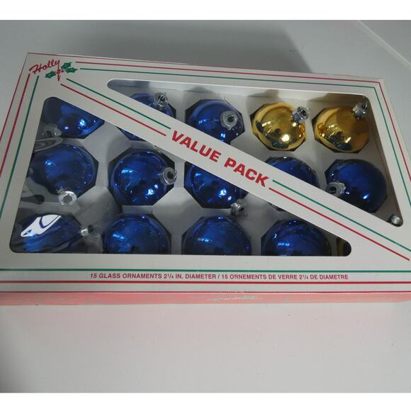 Vintage Holly Glass Ornaments 12 Blue 3 Gold Round 21/4 Inches Christmas - Picture 3 of 3